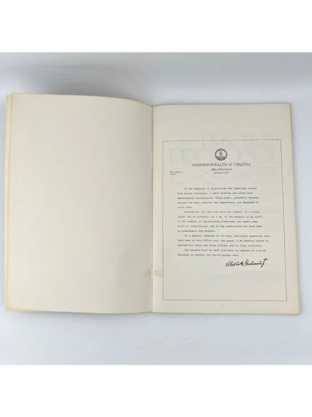 1977 Virginia State Practical Protocol Guide Governor Mills E Godwin Booklet